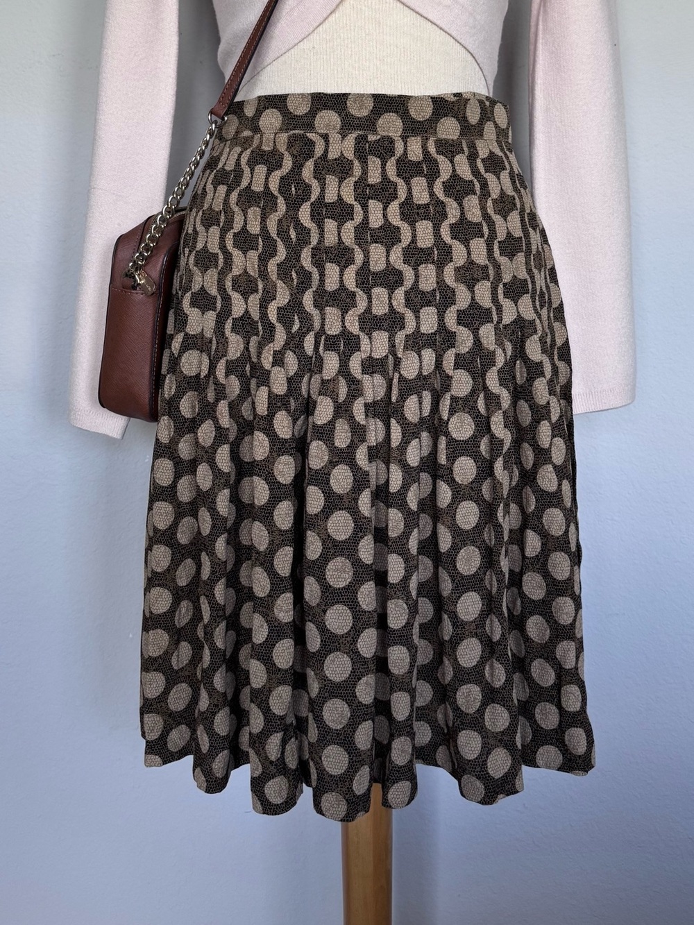Vintage Valentino Boutique Archival Polka Dot Pleated Skirt Brown Cream 70s 80s